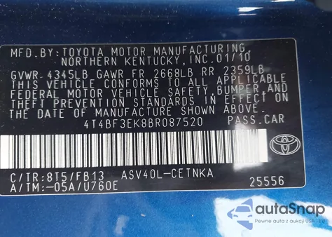 2011 Toyota Camry Le from USA, damaged, VIN 4T4BF3EK8BR087520